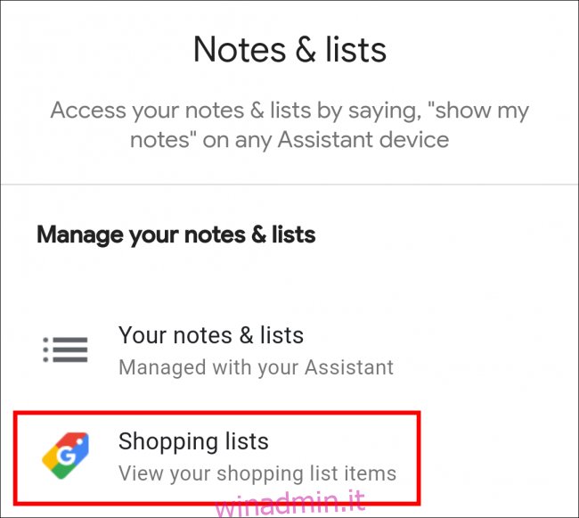 Lista della spesa dell'Assistente Google