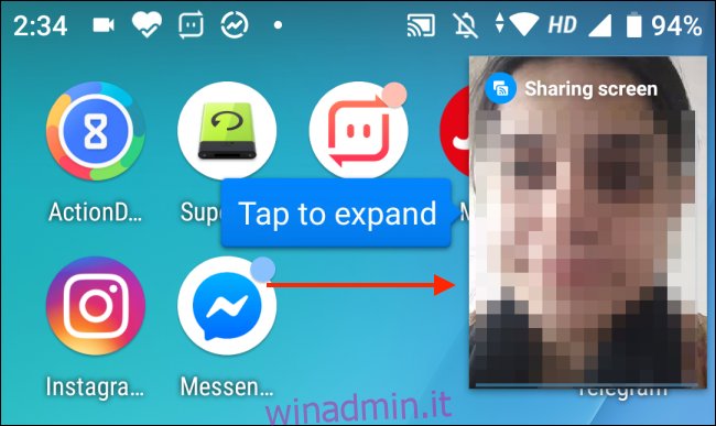 Tocca per espandere il menu Picture-in-Picture per Facebook Messenger su Android
