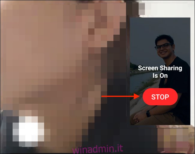 Tocca Stop per interrompere la condivisione dello schermo su Android