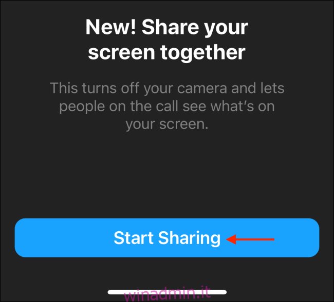 Tocca Avvia condivisione su Messenger per iPhone