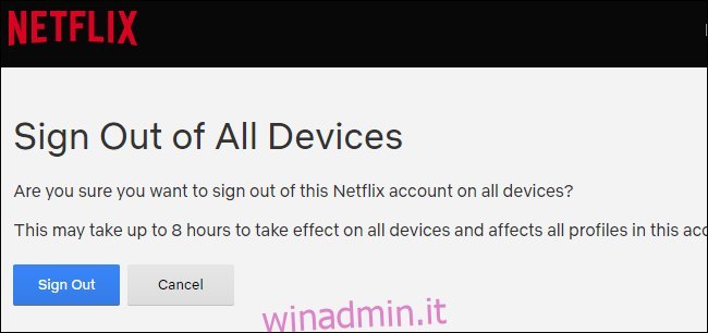 Conferma della disconnessione da tutti i dispositivi Netflix registrati.