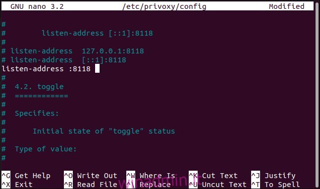 La nuova impostazione dell'indirizzo di ascolto nel file di configurazione privoxy in nano, in una finestra di terminale.