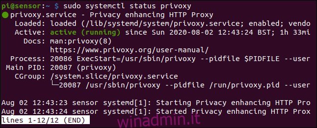 sudo systemctl status privoxy in una finestra di terminale.