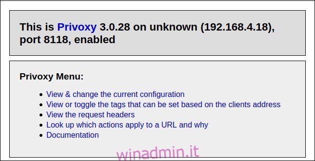 La home page di Privoxy in un browser.