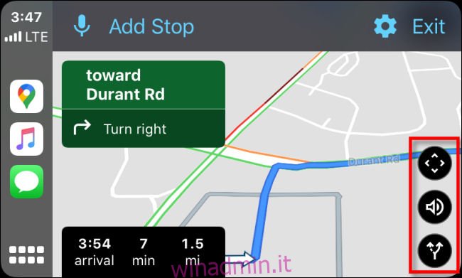 Esaminando i tre pulsanti di opzione neri in Google Maps su CarPlay tramite iPhone.