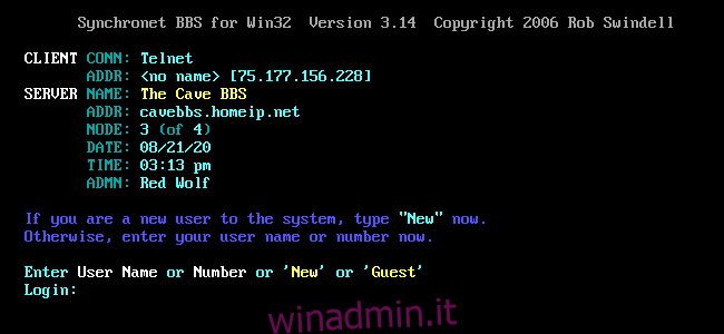 La schermata di accesso di Cave BBS in una finestra di SyncTERM.