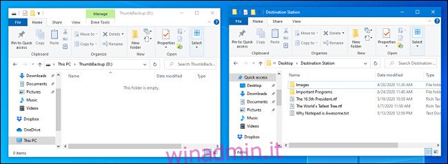 Due finestre di Esplora file si aprono una accanto all'altra in Windows 10.