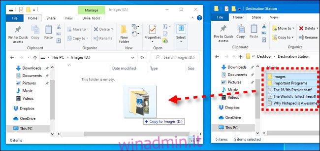 Fare clic e trascinare i file da una finestra nella finestra dell'unità flash USB in Esplora file di Windows 10.