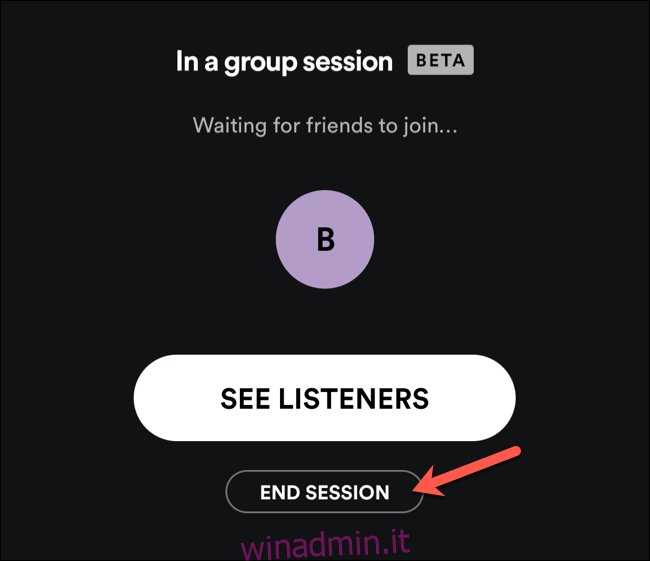 Tocca Termina sessione per terminare una sessione di gruppo Spotify.