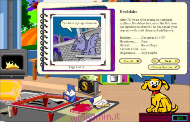 Il cane Rover condivide le informazioni su Baudelaire sul desktop di una stanza di Microsoft Bob.