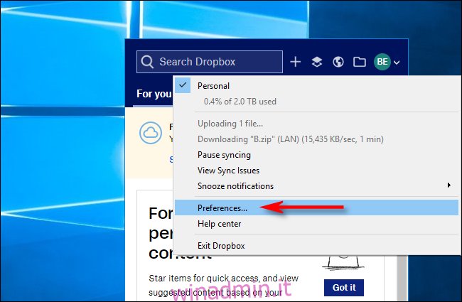 Fai clic su Preferenze in Dropbox per Windows