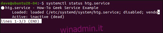 systemctl status htg.service in una finestra di terminale