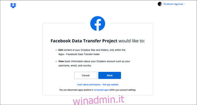 Concedi a Facebook l'accesso al cloud storage