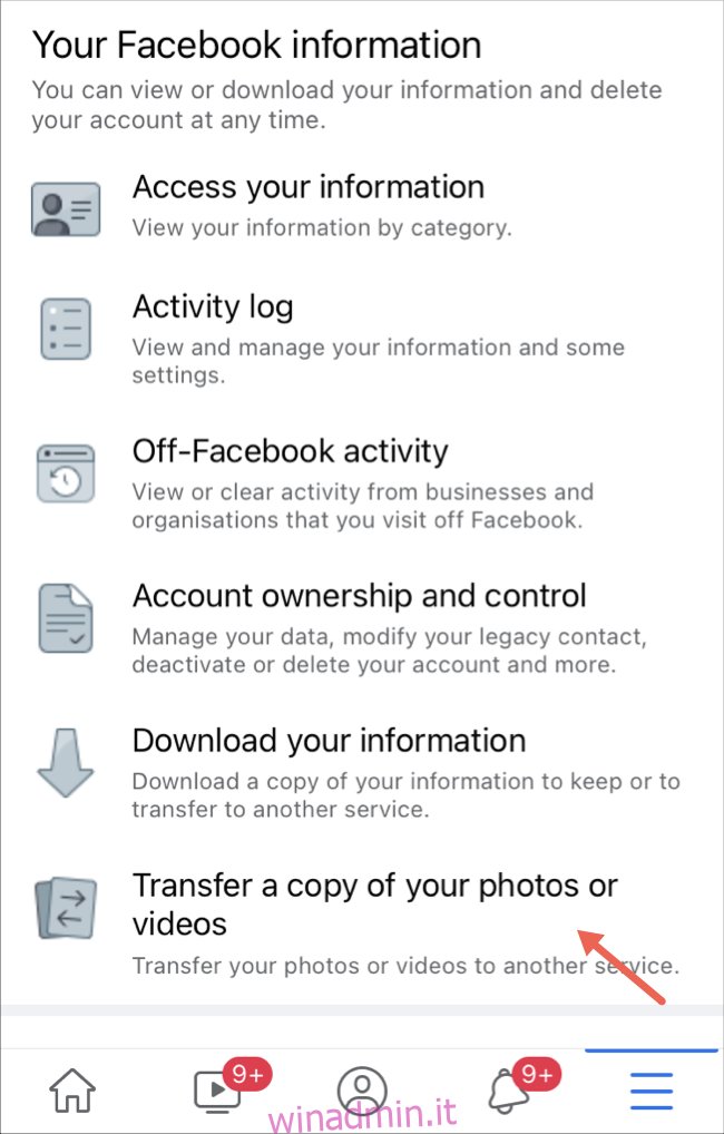 Seleziona l'opzione di trasferimento di foto e video sull'app Facebook