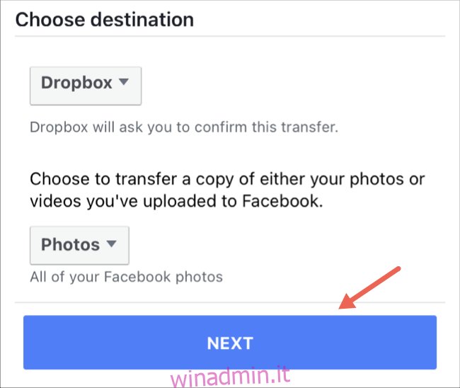 Scegli la destinazione del trasferimento di foto e video sull'app Facebook