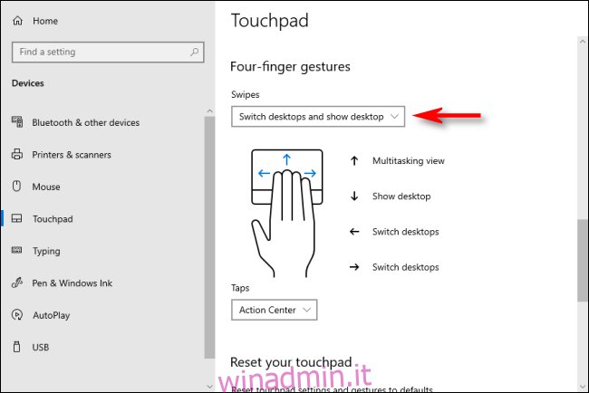 Gesti del touchpad a quattro dita in Windows 10 che cambiano desktop virtuali