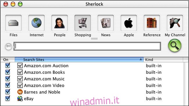 Una finestra di ricerca Sherlock su Mac OS X Public Beta.