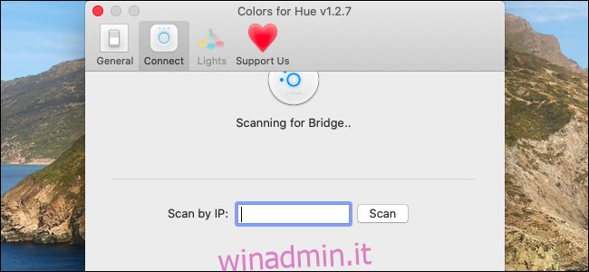Immissione di un indirizzo IP del bridge Hue nell'app Colors for Hue.