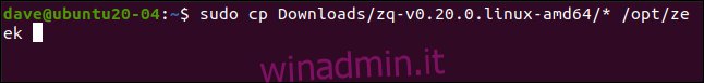 sudo cp Downloads / zq-v0.20.0.linux-amd64 / * / opt / Zeek in una finestra di terminale.
