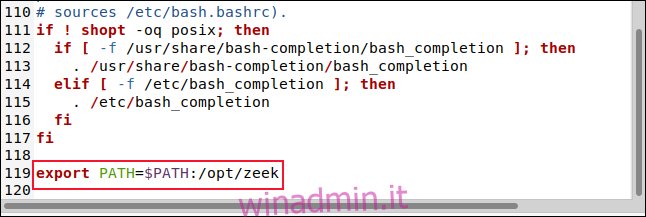 Il file BASHRC nell'editor gedit con la riga export PATH = $ PATH: / opt / zeek.