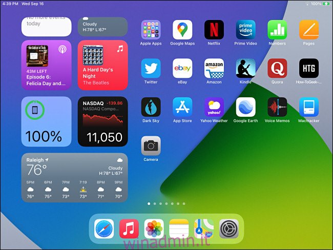 La schermata iniziale di iPadOS 14 con i widget della vista Oggi visibili.
