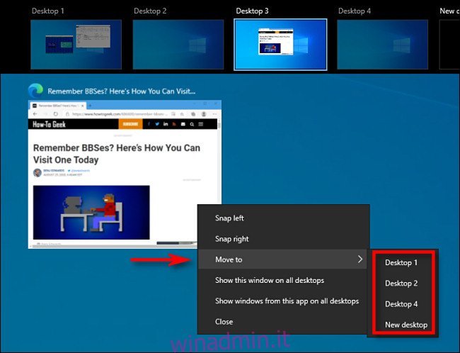 In Visualizzazione attività su Windows 10, fare clic con il pulsante destro del mouse sulla miniatura di una finestra e selezionare 