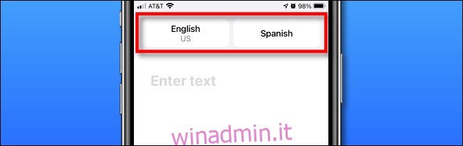 I pulsanti di selezione della lingua in Apple Translate su iPhone.