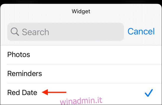 Seleziona il widget da aggiungere a Widgetsmith