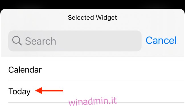 Seleziona il widget Oggi da Widgeridoo