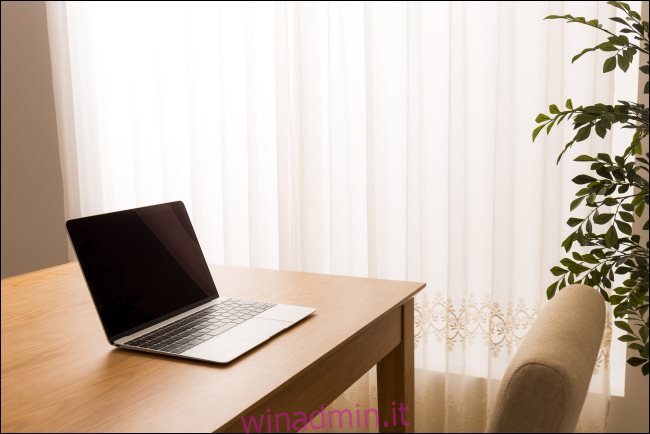 Un laptop seduto su una scrivania in una camera d'albergo.