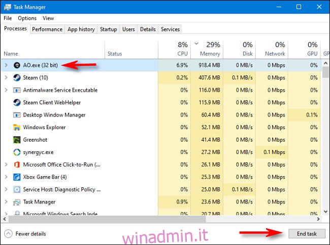 Per terminare un processo in Task Manager per Windows 10, seleziona il processo dall'elenco e fai clic su 