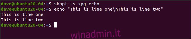 shopt -s xpg_echo in una finestra di terminale.