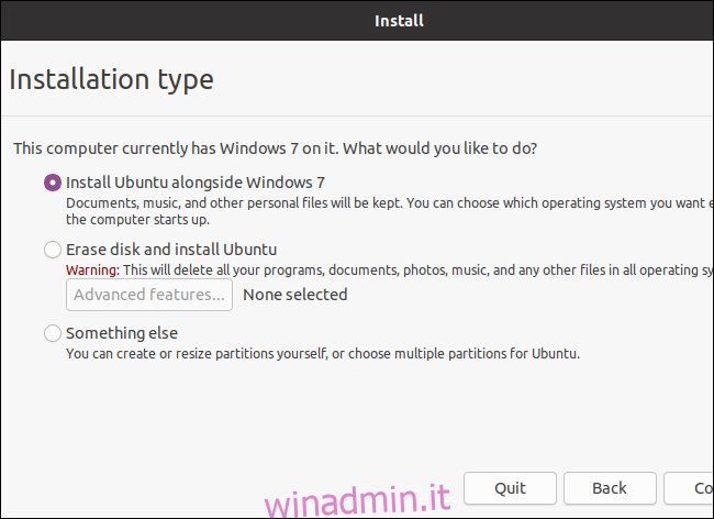 Scegliere un tipo di installazione durante l'installazione di Ubuntu
