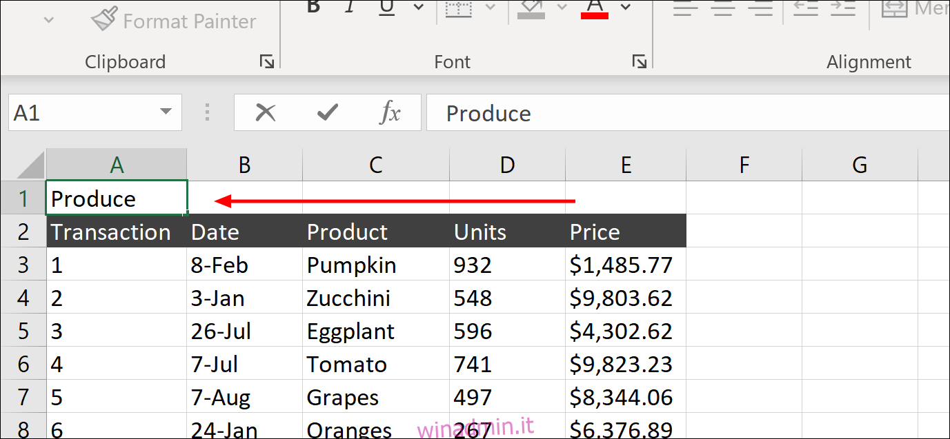 Selezione della cella A1 in Microsoft Excel