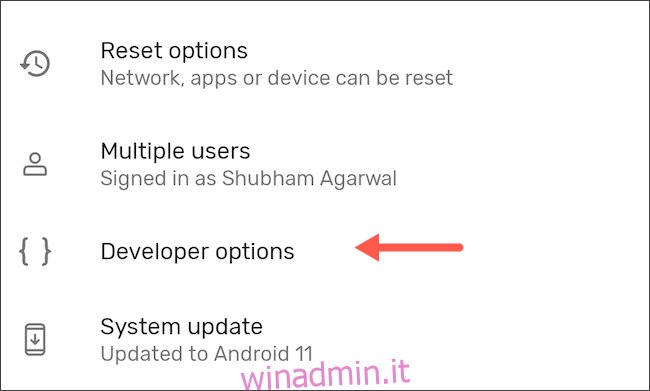 Inserisci le opzioni sviluppatore su Android
