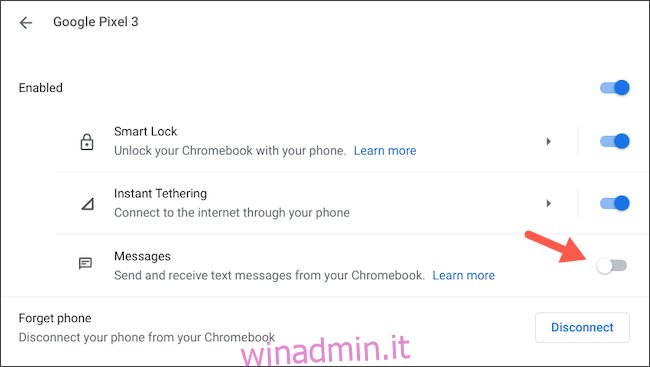 Disconnetti i messaggi Android dal Chromebook
