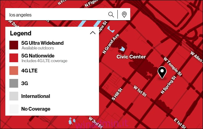 Mappa di Verizon della copertura 5G a Los Angeles