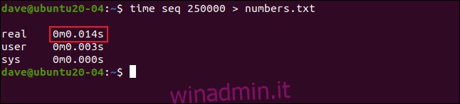 time seq 250000> numbers.txt in una finestra di terminale. ”  width = “646” height = “147” onload = “pagespeed.lazyLoadImages.loadIfVisibleAndMaybeBeacon (this);”  onerror = “this.onerror = null; pagespeed.lazyLoadImages.loadIfVisibleAndMaybeBeacon (this);”> </p>
<p> Il tempo necessario per completare l’elenco e creare il file è ora di circa 1/7 di secondo. < / p> <ruolo h2 =