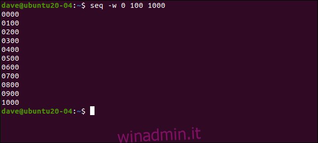 seq -w 0 100 1000 in una finestra di terminale.