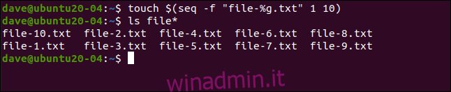 Creeremo un set di 10 file con lo stesso nome di base e un numero diverso (file-1.txt, file-2.txt e così via).  Digitiamo quanto segue: 