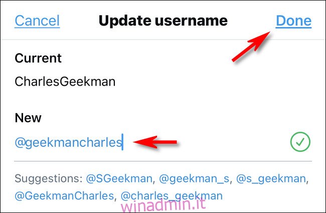 Nell'app Twitter, digita il tuo nuovo nome utente e tocca 