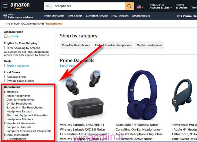 Nella barra laterale di Amazon.com, scegli un reparto