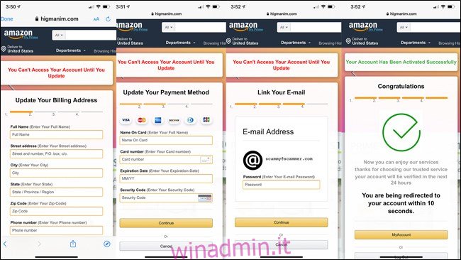 Email di spam di Amazon che richiede screenshot delle informazioni di accesso e di pagamento