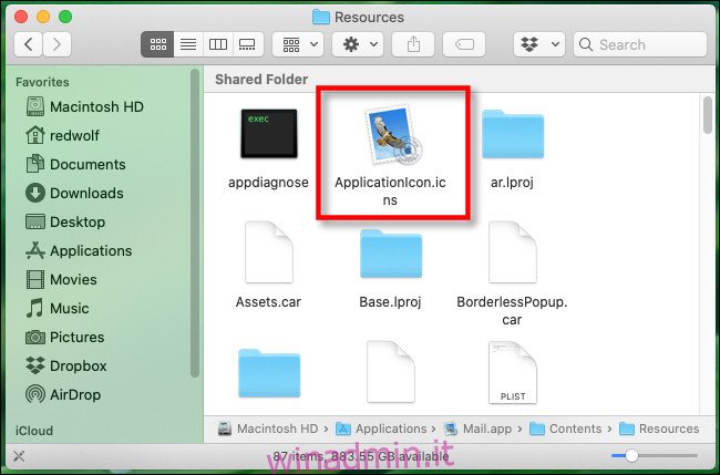 Nella cartella Recources del pacchetto dell'applicazione Mac, fare clic sul file ApplicationIcon.icns.