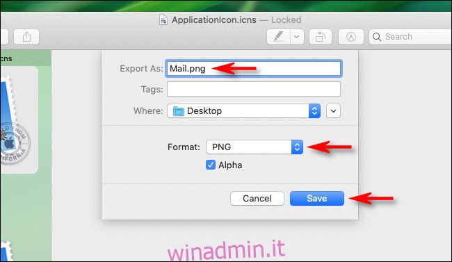 Nella finestra di dialogo Esporta in Anteprima su Mac, inserisci un nome, una destinazione e un tipo di file.