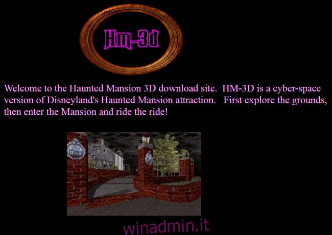 Il sito Web HM-3D con una mappa della corsa Disney Haunted Mansion su GeoCities.