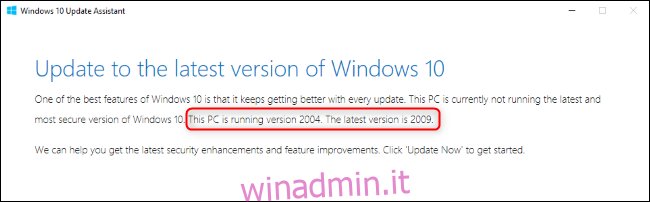 L'Assistente di Windows Update che mostra i numeri di versione.