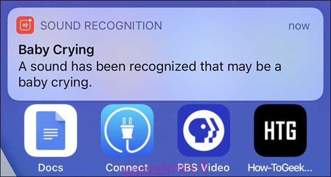 Una notifica di avviso di riconoscimento del suono su iPhone per un bambino che piange.