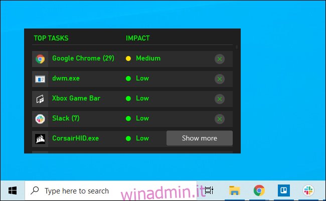 Il widget Risorse dalla Xbox Game Bar aggiunto a un desktop Windows 10