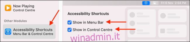 Aggiungi scorciatoie di accessibilità alla barra dei menu e al centro di controllo